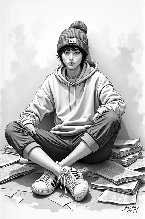 （Graphite painting：1.3）, Korean man with smooth face, short hair, wearing a beanie hat with the DL logo covering the whole head (no visible hair), sitting cross-legged on a pile of old newspapers（wearing torn jeans）, wild young Asian face, his face is some...