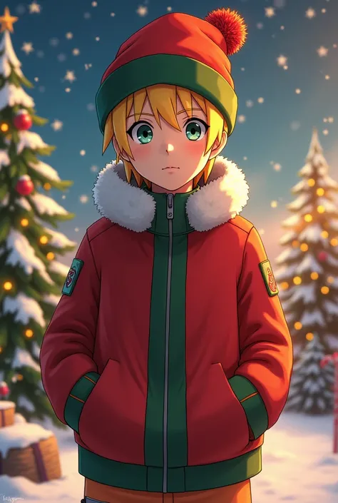 Create a teenage Naruto dressed for Christmas and wearing a hat and with a Christmas atmosphere around him 