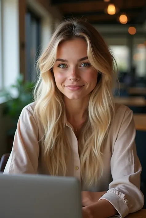 really cute girl that has blonde hair with highlights that is stunningly beautiful, sitting facing a camera by a desk with a really cool set up and she is a youtuber that does finance related content. she looks like a supermodel and has big Brests, dresses...