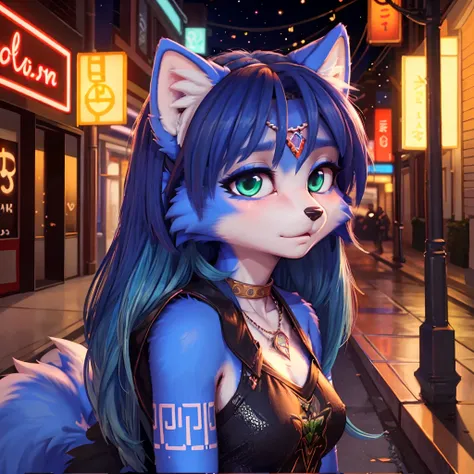 ((krystal)), Star Fox-Krystal, lovable, green eyes, ((( Long blue hair 1 .3))), Decollete, anthro, Fuzzy,  detailed Fluffys fell,  detailed face, (Fluffy),  1 girl, ,woman, Goth, green eyes, undercut, ultra-realistic 8k cg ,  masterpiece, (( ultra-detailed...