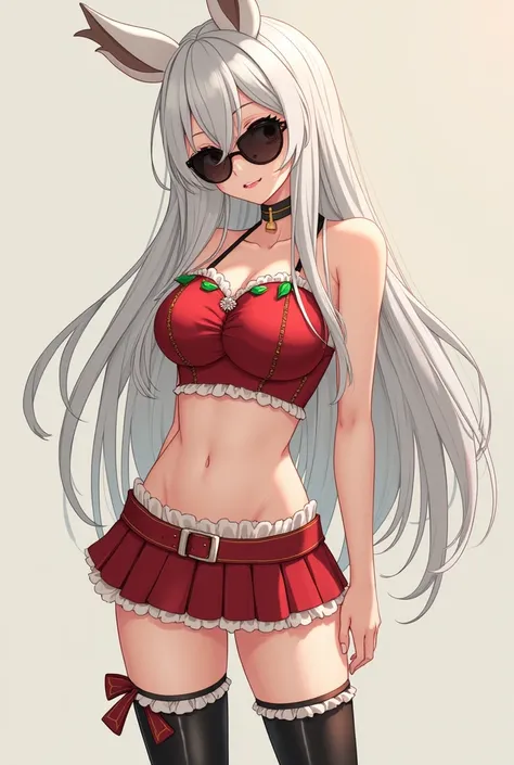 Gojo with long hair , with dark glasses,  womens version with more tender two-piece Christmas costume and black boots 