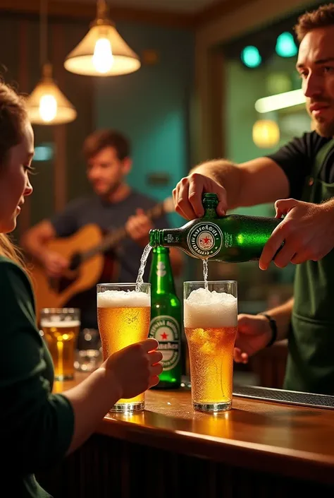 I want a high-definition image of a promotion of the stupidly cold Heineken beer, very very cold, in a small bar environment with voice and guitar from the stage