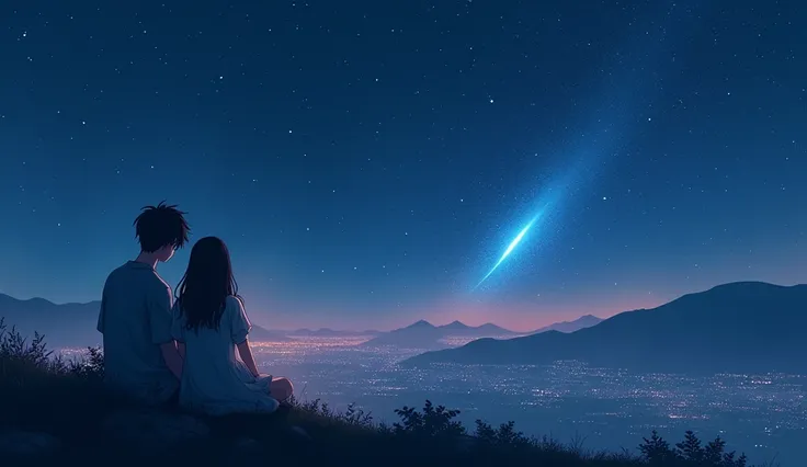 Under the Stars, a boy and a girl ,Sit on the mountain ， and enjoy the starry night in the dark，Enjoy the city view ,  actual , Side rear view。  The background is a starry sky，The two face the camera ,  and neither of them are showing their faces 。  The sk...