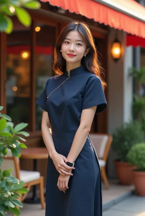 Masterpiece, full body image, medium distance view of a young Japanese model, 22 years old, dressed in a navy blue massage therapist (Chinese collar) dress, white shoes. Her chestnut-brown hair frames her soft features as she gazes thoughtfully, accessoriz...