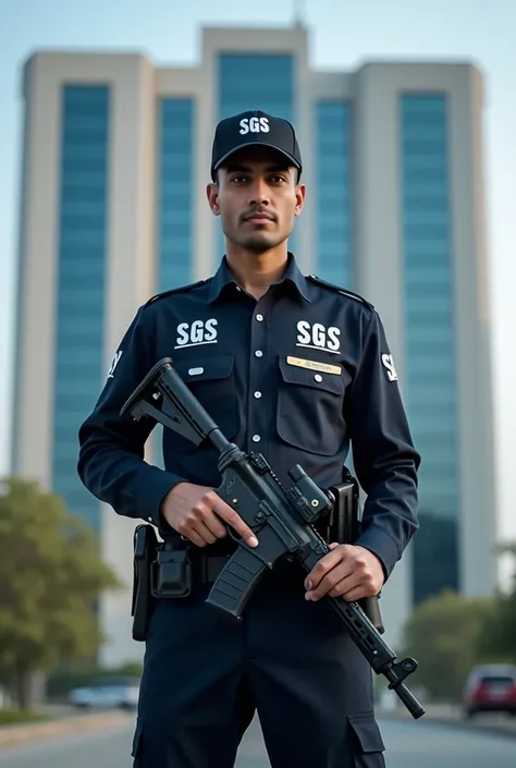 Create an image of a professional Pakistani security guard standing in an alert posture, equipped with a weapon and a walkie-talkie. The guard should be wearing a neat, clean, and well-fitting uniform with SGS written on it, looking confident and well-groo...