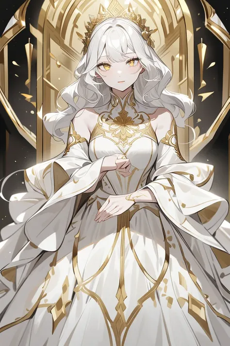 Woman with long, wavy white hair, yellow eyes and fair skin.  Wearing an Elegant White Dress with Gold Edges.