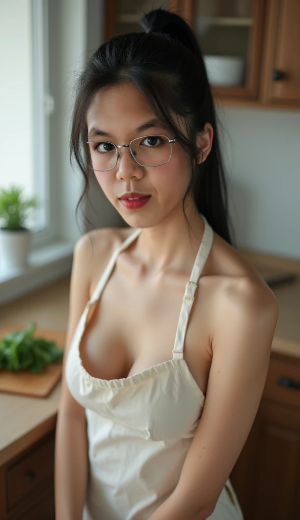 (8k, Realistic: 1.2, RAW Photos, Highest quality: 1.4), realistic photo、Full body of a 20 year old Asian woman, stare at the camera, White skin, Wearing only a small apron over her naked body, Cooking, kitchen, see breasts, perky breasts, medium black pony...