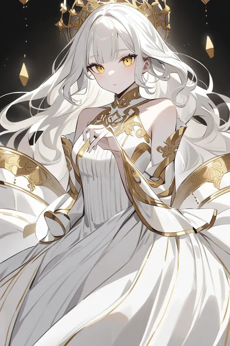 Woman with long, wavy white hair, yellow eyes and fair skin.  Wearing an Elegant White Dress with Gold Edges.