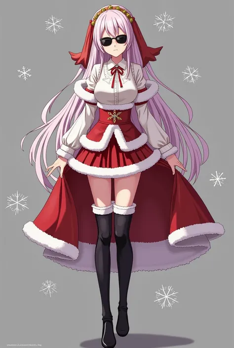  Gojo Satoru womens version with long hair, with dark glasses, with two-piece Christmas costume , The bottom is a skirt and the top is a blouse and long black boots up to the knee. 