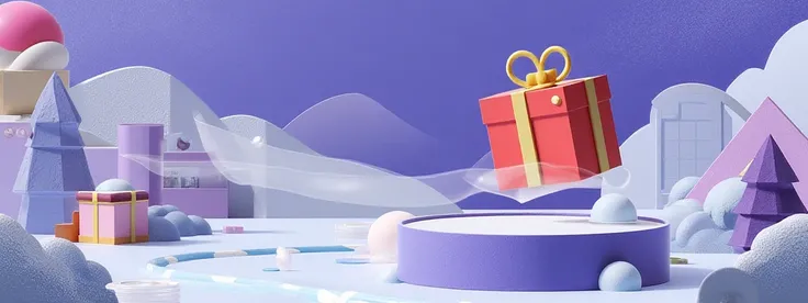 C4D modeling，OC rendering，Christmas elements，Gift，Snow and forests，Rounded model texture，Blue-purple hue