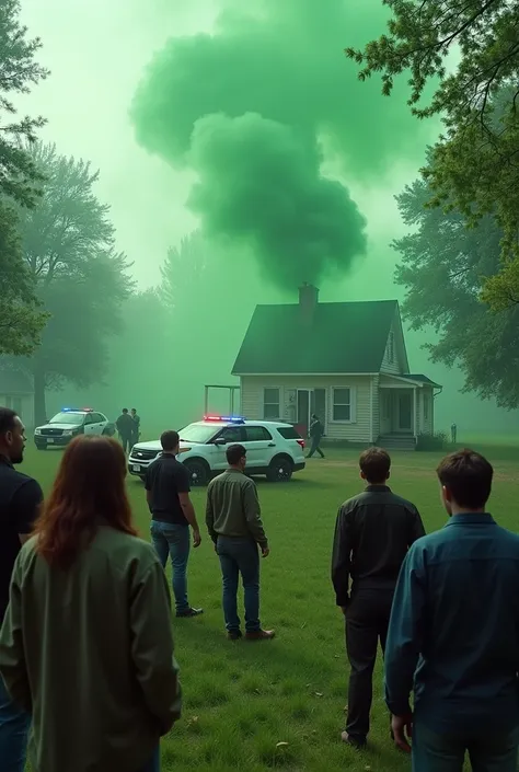 Frightened neighbors talking to each other as they look at a small house on the secluded farm bursting with green smoke with police officers in the house and cars 