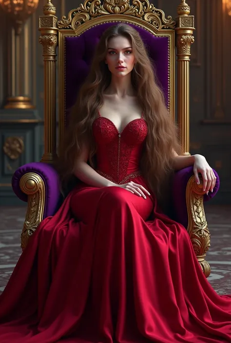 Royal vampire Rapunzel with brown hair is dressed in a long red silk dress she is sitting on a throne lined with purple velvet she is in a palace room