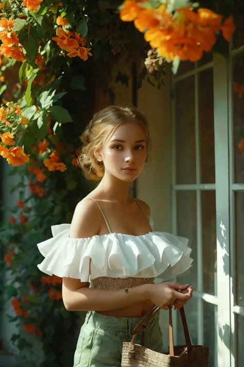 A young woman, dressed in a white ruffled crop top and light green shorts, stands in front of a lush green hedge adorned with vibrant orange flowers. She playfully holds up her hand, palm facing outward, as if inviting someone to join her. Her hair is neat...