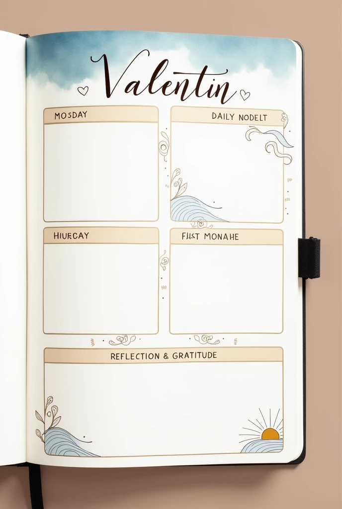 The decorated page in Valentins bullet journal balances elegance and practicality. The top third features the title "A Day in Balance" in elegant script, accompanied by a fine line and the date in a serif font. Subtle illustrations, like a sun and stars, a...