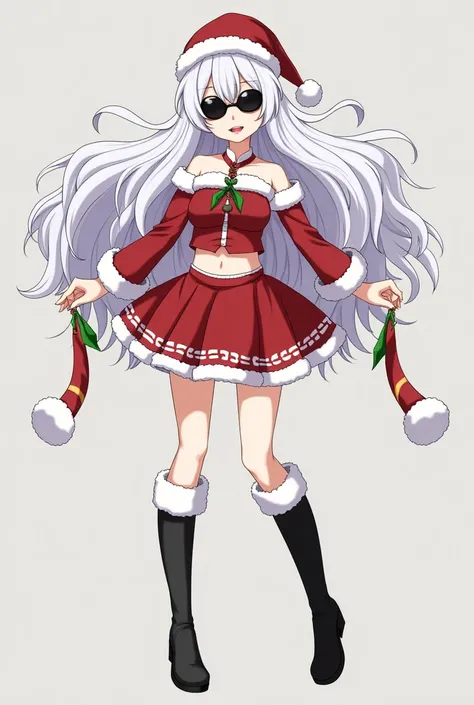 Gojo Satoru womens version with long white hair, With dark sunglasses, with two-piece Christmas costume , The bottom is a skirt and the top is a blouse and long black boots up to the knee. 