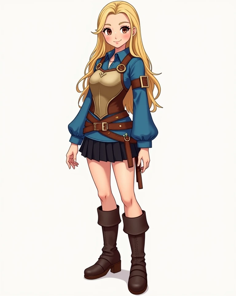 Image of adventurer woman in blue blouse and breastplate, black miniskirt, Brown boots, narrow sleeves, fantasy clothing,  Full body pose, simple design, super fine illustration, fine skin, very cute and beautiful girl, beautiful face, brown eyes, long blo...