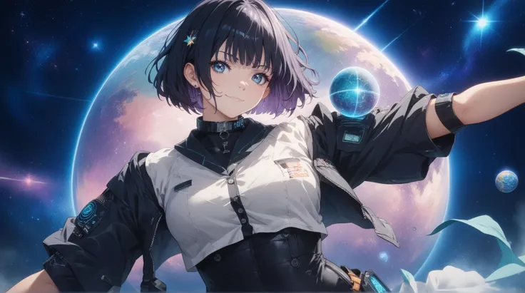 Front straight eye-level faraway view shot of a futuristic anime girl with short bob-cut, straight raven black hair cascading down her back, dressed in a sleek white button-up shirt with buttons that softly glow. She stands with one hand on her collar, off...