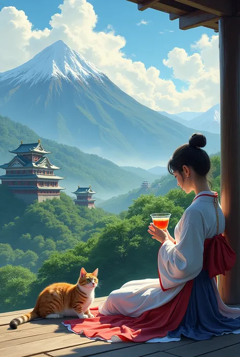 Stunning landscape in traditional Japanese style, where a 20-year-old girl is drinking tea on the terrace of a medieval castle. A spotted cat sits next to her. Mountains and forest can be seen in the distance. The girls outfit is made in traditional style ...