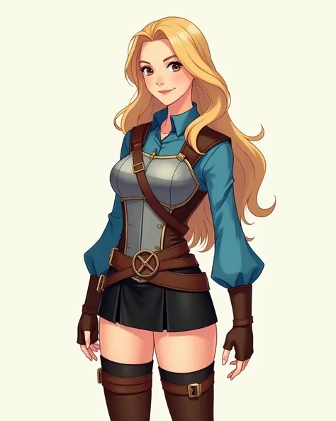 Image of adventurer woman in blue blouse and breastplate, black miniskirt, Brown thigh-high boots, narrow sleeves, fantasy clothing,  Full body pose, simple design, super fine illustration, fine skin, very cute and beautiful girl, beautiful face, brown eye...