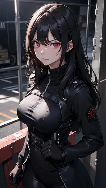 8k resolution,((Best Quality)),Ultra-high resolution,Adult women, Alone, sexy, (Angry expression), (Deep red eyes), A beautiful, symmetrical face, (Black messy long hair),Black military vest,Combat Uniform,Suit pants,Realistic:1.4,Realistic:1.4,(masterpiec...