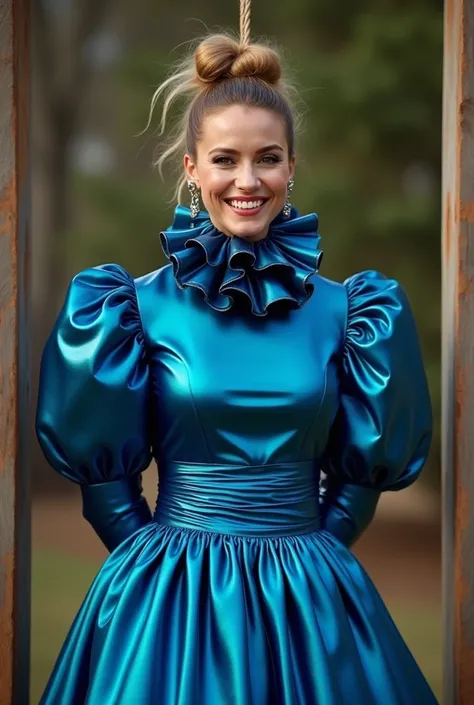 (realistic photograph close up sideways), (a pleased beautiful Caucasian lady with (messy hair bun), she is wearing (an extraordinary shiny blue gown with (long gigantic pouf sleeves), (and with an ultra high tight stand-up collar up to her cheeks) (with a...