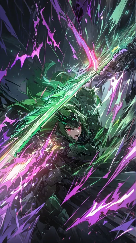 Top quality, masterpiece, high resolution, 8K, girl, dragon knight, green hair with side tails, red eyes, dark green armor, fierce roar, dragon sword, dragon-shaped aura effect, exploding with purple flames