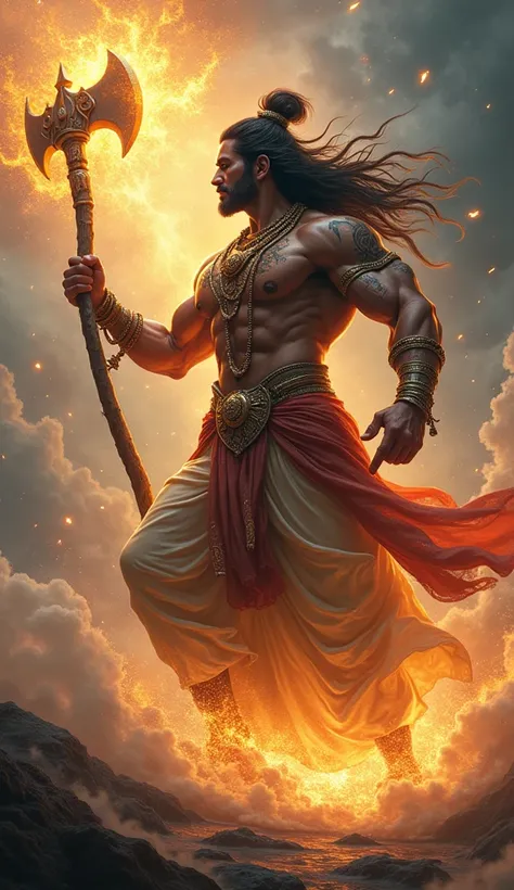 Parashurama throwing his axe with divine flames trailing it, symbolizing its sacred power.