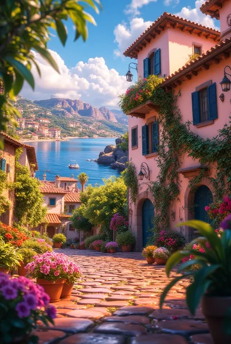 Create detailed digital painting anime style scene of a coastal Mediterranean villa nestled among lush greenery and colorful flowers. The villa features whitewashed walls, terracotta roof tiles, and large windows with blue shutters that overlook a serene b...