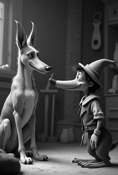 "A black and white Saluki with elegantly curved ears sits proudly next to Pinocchio in an old-fashioned workshop. both look at each other challengingly, while they compare their nose paintings. Pinocchio, with a mischievous grin, has already lengthened his...