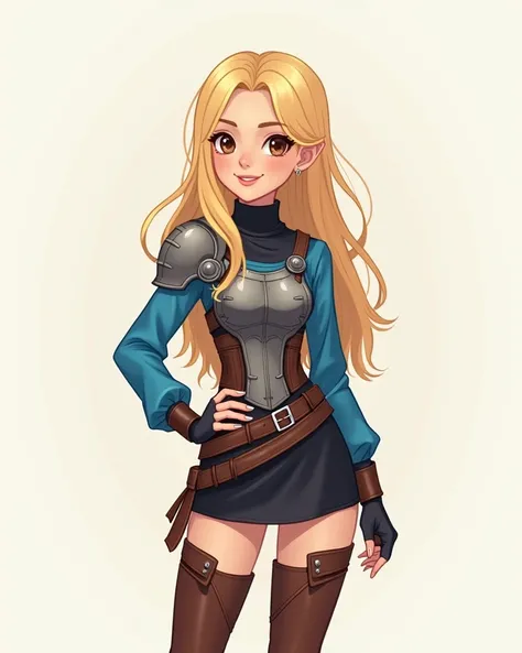 Image of adventurer woman in blue blouse and breastplate, black miniskirt, Brown thigh-high boots, studs in her ears, narrow sleeves, fantasy clothing, Full body pose, simple design, super fine illustration, fine skin, very cute and beautiful girl, beautif...