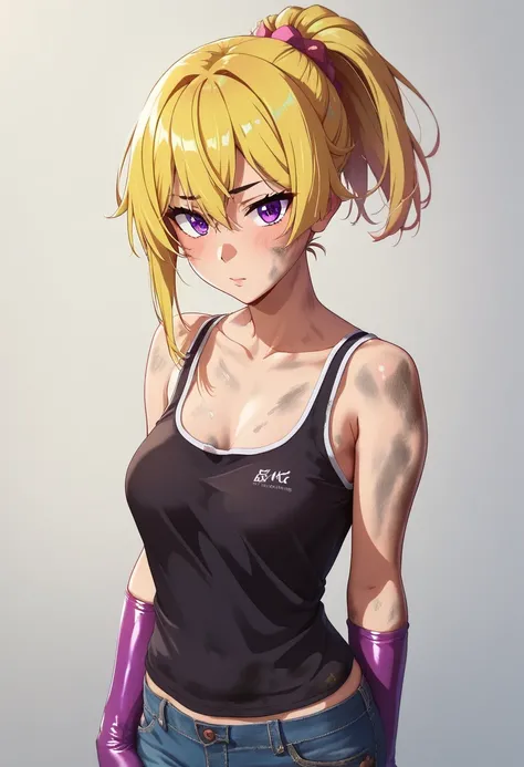 (masterpiece, best quality, ultra-detailed, high resolution, detailed eyes), human, ((1girls)), 32 year old,  ponytail, yellow hair, purple eyes, Lange breasts, Short tank top, rubber gloves, short jeans, dirty body, 1m64, ((Takeda Hiromitsu)), forest back...