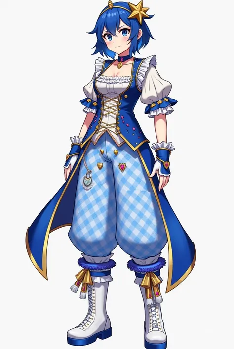 Magical Boy Blue Star Idol Themed, with a low-cut top with a white chest lined by gold studs and royal blue ruffles. The bodice is royal blue with two gold stars at the middle, followed by off-white ruffled fabric to match that on the left shoulder. Layere...