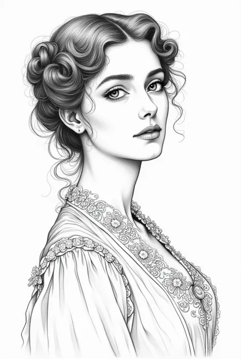 Create a black and white Victorian drawing of a women with a   line art only 