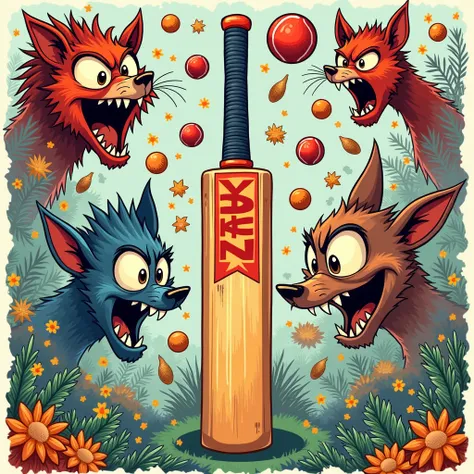 The image is a vibrant and detailed illustration centered around the theme of cricket. At the heart of the image is a cricket bat, which is prominently displayed in the center.

Surrounding the bat are various cricket-related objects and angry animals