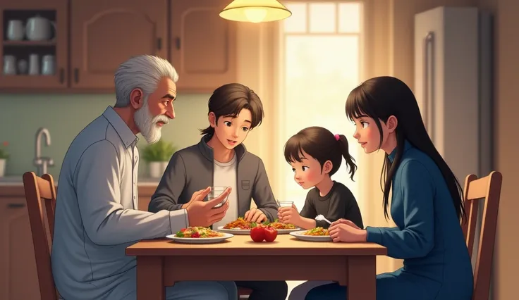 A 20 year old boy with brown hairs white T shirt and blue and white boxed trouser sit on chair of dinning table with his family( his old father with some black and white hair in grey kameez shalwar, his mother with black long hair in blue suit shalwar, his...