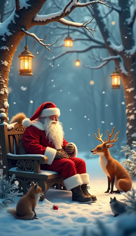 On a peaceful snowy night, a realistic Santa Claus sits on a beautifully carved wooden bench in the heart of an enchanted forest. His warm red coat is trimmed with luxurious white fur, and his kind face glows under the soft light of lanterns hanging from t...