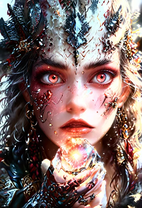 a detailed fantasy scene of a person digging and unearthing a large, glowing red crystal, highly detailed face and hands, beautiful detailed eyes, beautiful detailed lips, extremely detailed eyes and face, long eyelashes, ornate medieval armor, intricate a...