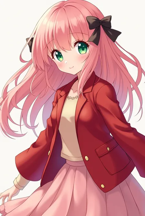 Sakura An anime girl with green eyes and pink hair wearing a red jacket and a pink skirt 