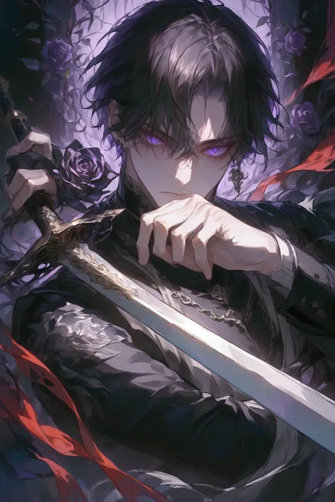 (outrageous, high resolution, ultra-precise), (male), single, handsome, detailed eyes and detailed faces, visual art, mysterious, black hair, purple eyes, (boy), black knight, black dress, tangled black rose vine, silver earring, knight, hand holding sword...