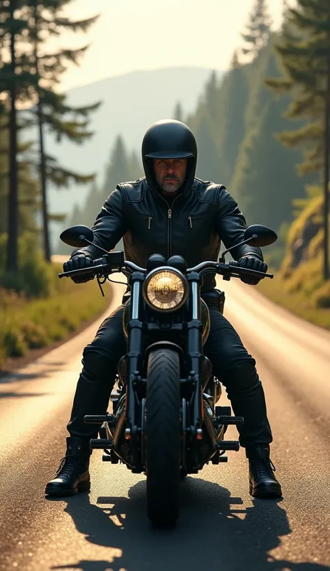 A male motorcycle rider wearing full black motorcycle leather clothing sits on a motorcycle on the country road 