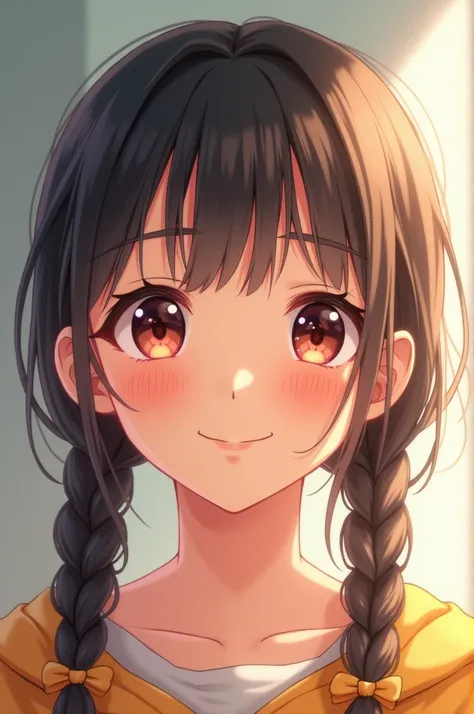 A cute high school girl who smiles easily and is beautiful. She likes braids on both sides.