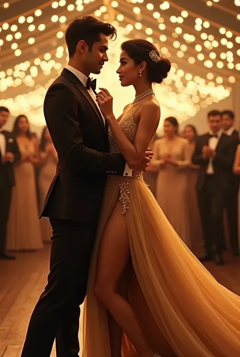 "Under a canopy of twinkling fairy lights, Yash (handsome guy in his tailored black tuxedo with a white shirt and bow tie) and Roshani (23, a beautiful matured girl in a champagne gold evening gown with a thigh-high slit, a flowing train, a diamond choker,...