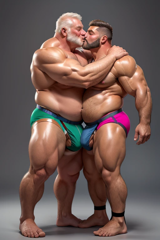 Shirtless fat ６０ -year-old man and a strong ７０ generation who are depicted independently hugging each other and kissing。Huge belly。 huge muscles。No background。(jockstrap:1.5)。( extremely huge bulge :1.5)。 anatomically accurate bodies 。The arms are drawn in...