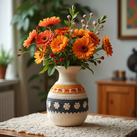 Nice vase flowers design crochet with wool cake design on wool vase and separate de sign white, black , orange color full view pic full room view zoom out on table