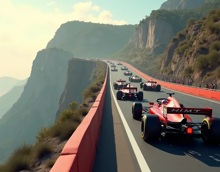 A F1 car race, On a road above a cliff, Very realistic effects, Very detail effects, Hot weather, There is a road barrier, The mountain is clearly visible from the top of the cliff, Followed by several racers, There were some spectators watching from the s...