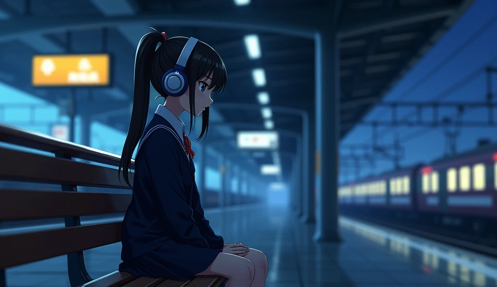 A young girl sitting on a bench at a quiet train station during the evening, surrounded by glowing blue and yellow lights from signs and trains. She wears a dark navy school uniform with a white collar, and large headphones over her ears. Her long black ha...