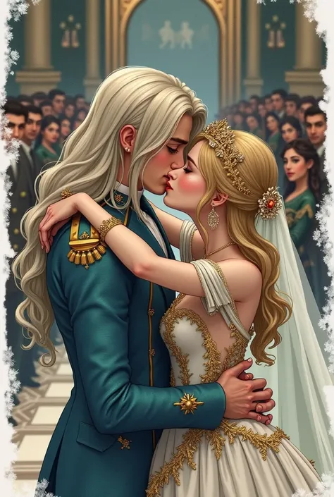  beautiful ,  an exquisite pattern , royal wedding, full of guests,  the groom kisses the bride on the lips ,  and the bride closes her eyes and responds to his kiss ,  incredibly beautiful young blonde with long golden hair, long bangs ,  blue eyes , dres...