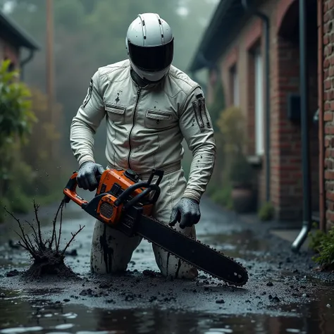 A muscular guy at home in black mud and black oil, a white leather racing suit in his hands, a big powerful chainsaw destroys everything at home in black oil and black mud with a chainsaw, and black mud flows down from the chainsaw and black oil.