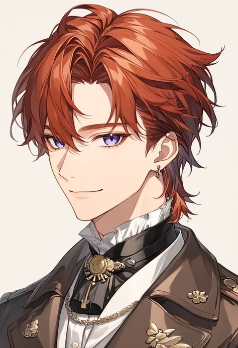 （extremely detailed CG:1.5）、（hard-edged:1.5）、male、（ Detailed facial depiction :1.3）（long face:1.5）、Reddish brown hair、smile、（ waves:1.3）、（ jacket:1.5）、 accessories、（ coffee shop:1.3）、 upper body、looking at viewed