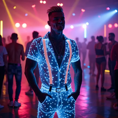 Create a young Matthew Noszka with neon paint illuminated all over his body  ,muscular,  very white skin  ,  blonde hair quiff cut  ,  short beard square cut  ,  with blue and black tattoos up to the neck  ,  standing cheerfully dancing in a flashy way in ...